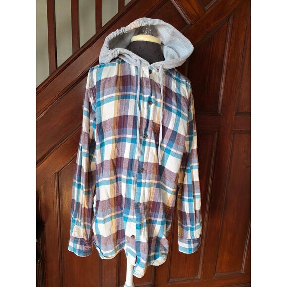 Pacsun Plaid Button-Up Hoodie Shirt L Multicolor Cotton Blend Long Sleeve Casual - Picture 1 of 9